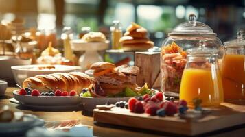 buffet concepto, desayuno hora en lujo hotel, desayuno tardío con familia en restaurante. generativo ai foto