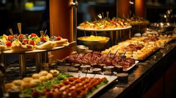 Buffet Dinner, Open Buffet with a very delicious varieties of barbecue , pastries , desserts. Generative Ai photo