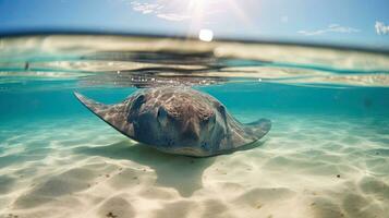 Southern stingray swimming in blue water. Generative ai photo