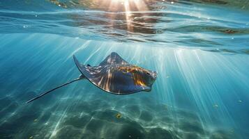 a stingray swimming in blue water. generative ai photo