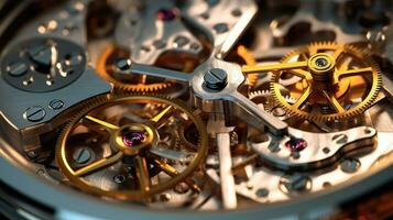 Close up of the gear mechanism inside the watch. Generetive Ai photo