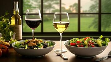 food and glasses of wine next to a bowl of salad and a glass of wine on top of a table. Generetive Ai photo