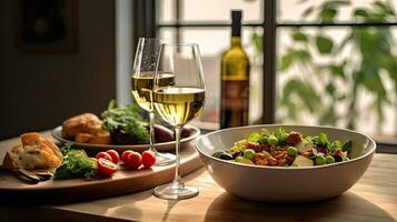 food and glasses of wine next to a bowl of salad and a glass of wine on top of a table. Generetive Ai photo