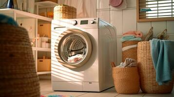 Washing machine, Washing gel and laundry basket in house. interior design. Generetive Ai photo