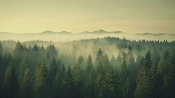 Misty landscape with fir forest in vintage retro style, Nature background. Generetive Ai photo