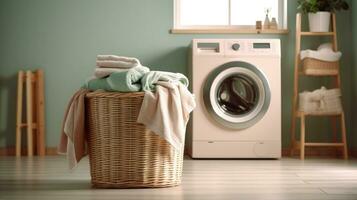 Washing machine, Washing gel and laundry basket in house. interior design. Generetive Ai photo