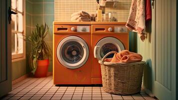 Washing machine, Washing gel and laundry basket in house. interior design. Generetive Ai photo