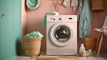 Washing machine, Washing gel and laundry basket in house. interior design. Generetive Ai photo