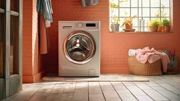 Washing machine, Washing gel and laundry basket in house. interior design. Generetive Ai photo