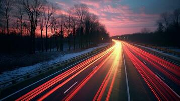 un largo exposición foto, movimiento difuminar de un autopista a noche. generativo ai foto