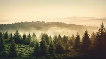 Misty landscape with fir forest in vintage retro style, Nature background. Generetive Ai photo
