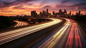 The motion blur of a busy urban highway during the evening rush hour. Generetive Ai photo