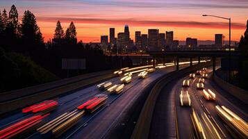 The motion blur of a busy urban highway during the evening rush hour. Generetive Ai photo