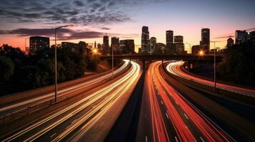 The motion blur of a busy urban highway during the evening rush hour. Generetive Ai photo