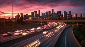 The motion blur of a busy urban highway during the evening rush hour. Generetive Ai photo