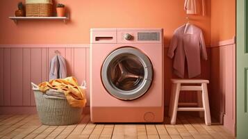 Washing machine, Washing gel and laundry basket in house. interior design. Generetive Ai photo