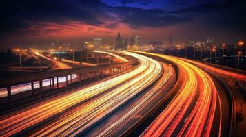 A long exposure photo, motion blur of a highway at night. Generetive Ai photo