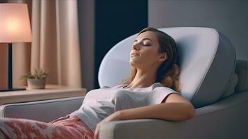 A beautiful young woman relaxed serene on comfortable sofa hands behind head rest with air purifier at home. Generative Ai photo