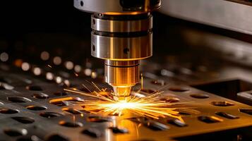 CNC Laser cutting of metal, The laser optics and CNC computer numerical control are used to direct the material or the laser beam generated  in the industrial. Generative Ai photo