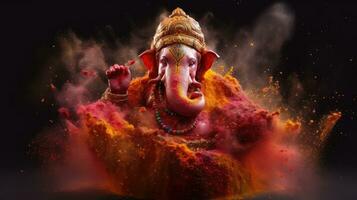 un ganesha en holi polvo chapoteo en oscuro antecedentes. generativo ai foto