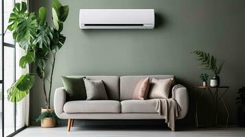 Air conditioner in Stylish interior of light living room with sofa. Generative Ai photo
