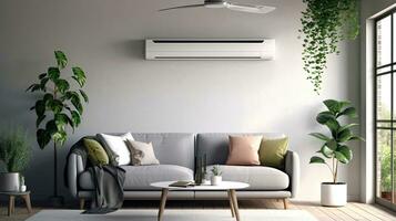 Air conditioner in Stylish interior of light living room with sofa. Generative Ai photo