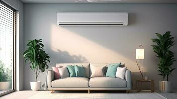 Air conditioner in Stylish interior of light living room with sofa. Generative Ai photo