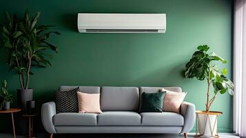 Modern air conditioner on dark green wall in living room. Generative Ai photo