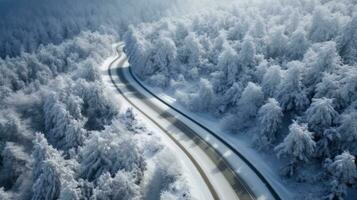 a Curvy windy road in snow covered forest. Top view. Generative Ai photo