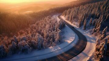 Aerial view of Curvy windy road in snow covered forest. Generative Ai photo