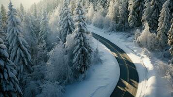 a Curvy windy road in snow covered forest. Top view. Generative Ai photo