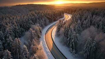 Aerial view of Curvy windy road in snow covered forest. Generative Ai photo