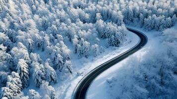 Aerial view of Curvy windy road in snow covered forest. Generative Ai photo