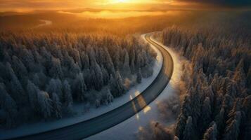 Aerial view of Windy and curvy road in snow covered forest landscape.  Generative Ai photo