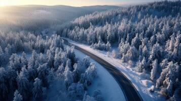 Aerial view of Windy and curvy road in snow covered forest landscape.  Generative Ai photo