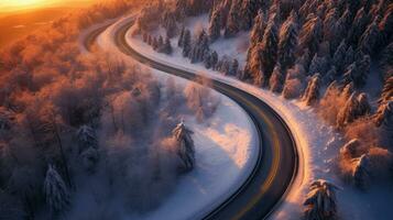 Aerial view of Curvy windy road in snow covered forest. Generative Ai photo