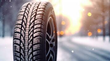 Close up of Car tires in winter on the road covered with snow. Winter tire. Generative Ai photo