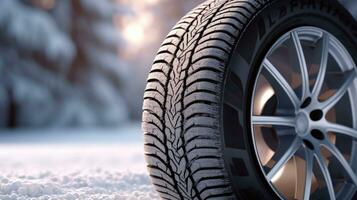 Close up of Car tires in winter on the road covered with snow. Winter tire. Generative Ai photo