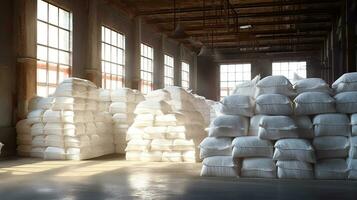 Sugar in a Warehouse. Bags of sugar. Large food warehouse with sugar sacks. Sugar factory. Generative Ai photo