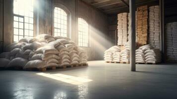 Sugar in a Warehouse. Bags of sugar. Large food warehouse with sugar sacks. Sugar factory. Generative Ai photo