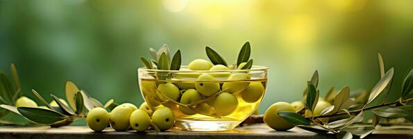 Greek olive oil in glass transparent bowl with branches with leaves and olives on the natural background. Generative Ai photo