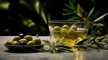 Greek olive oil in glass transparent bowl with branches with leaves and olives on the natural background. Generative Ai photo