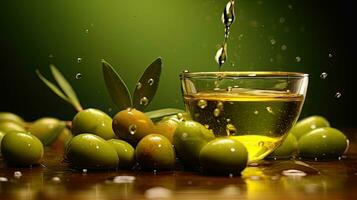 Olives oil floating with Olives on a green background. Generative Ai photo