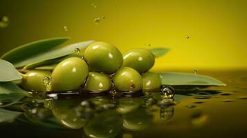 Olives oil floating with Olives on a green background. Generative Ai photo