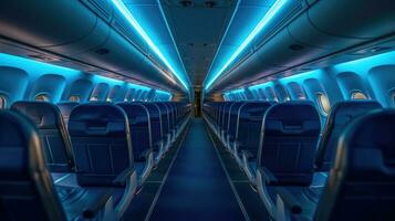 Empty aircraft seats. Interior of passenger plane. Generative Ai photo