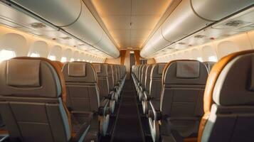 Empty aircraft seats. Interior of passenger plane. Generative Ai photo