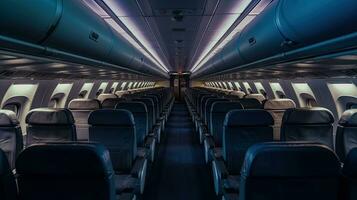 Empty aircraft seats. Interior of passenger plane. Generative Ai photo