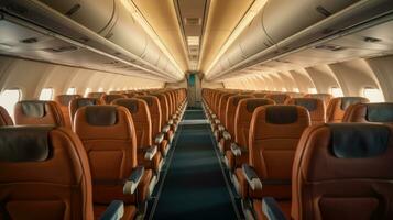 Empty aircraft seats. Interior of passenger plane. Generative Ai photo