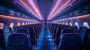 Empty aircraft seats. Interior of passenger plane. Generative Ai photo