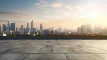 Empty cement floor with cityscape and skyline background. Generative Ai photo